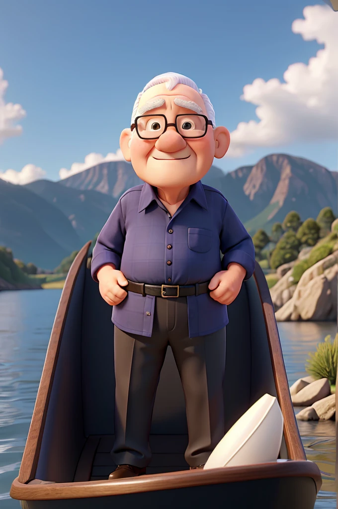 senior citizen, baldie, plumpness, with navy blue dress shirt and black pants, in a small boat on the river