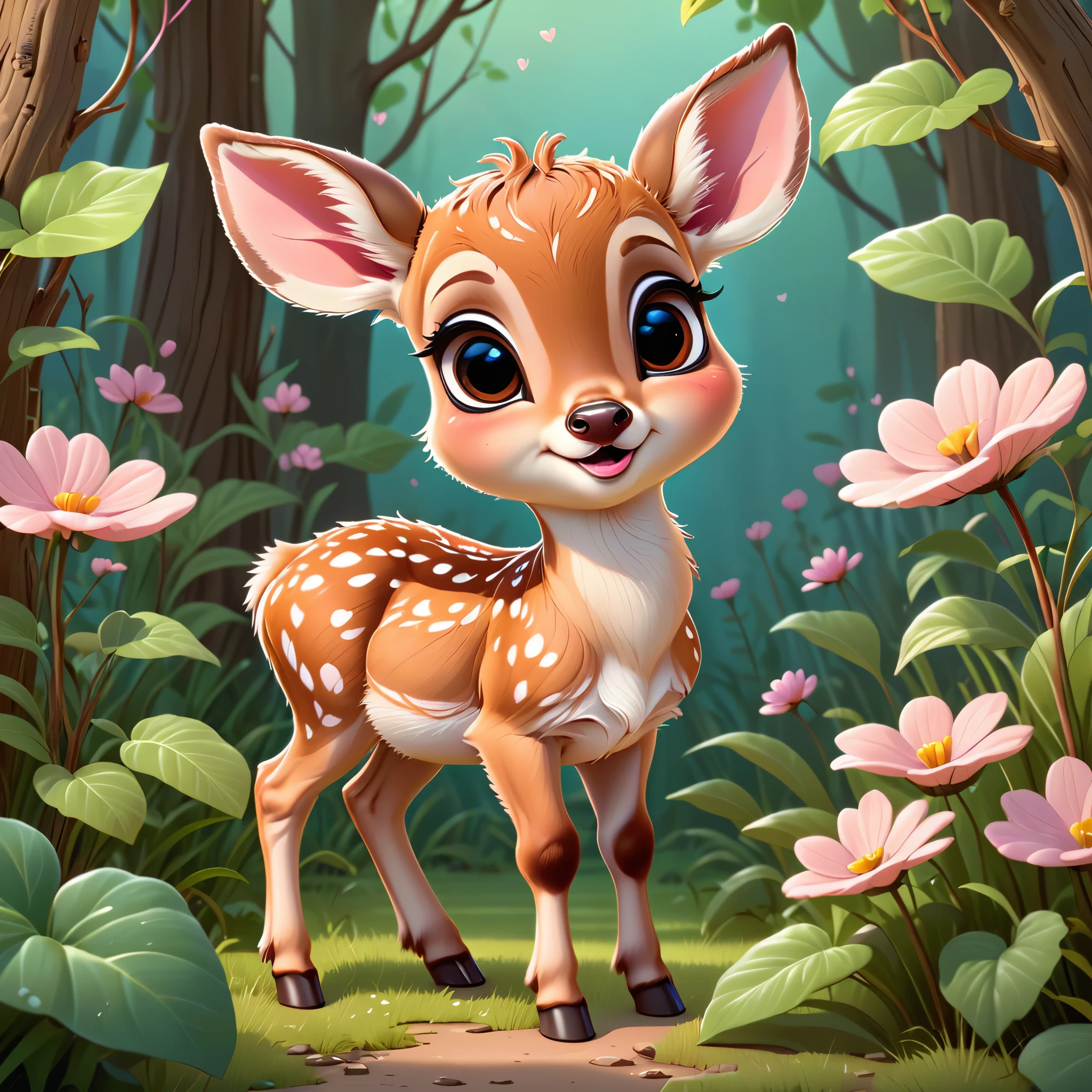 (masterpiece), (best quality), (ultra detailed), a cartoon illustration of an adorable fawn, aesthetic, fantasy, 12k resolution, pink undertones