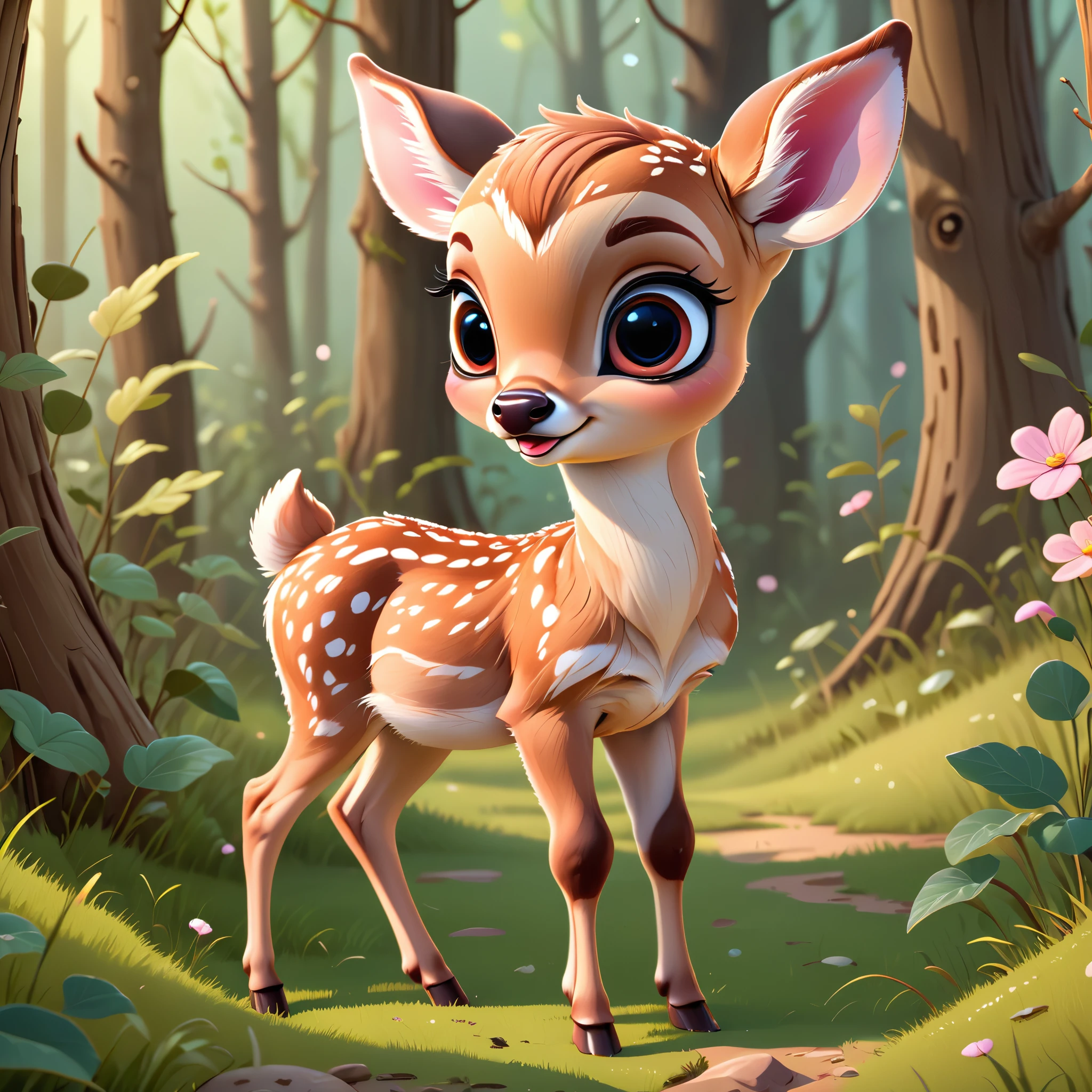 (masterpiece), (best quality), (ultra detailed), a cartoon illustration of an adorable fawn, aesthetic, fantasy, 12k resolution, pink undertones