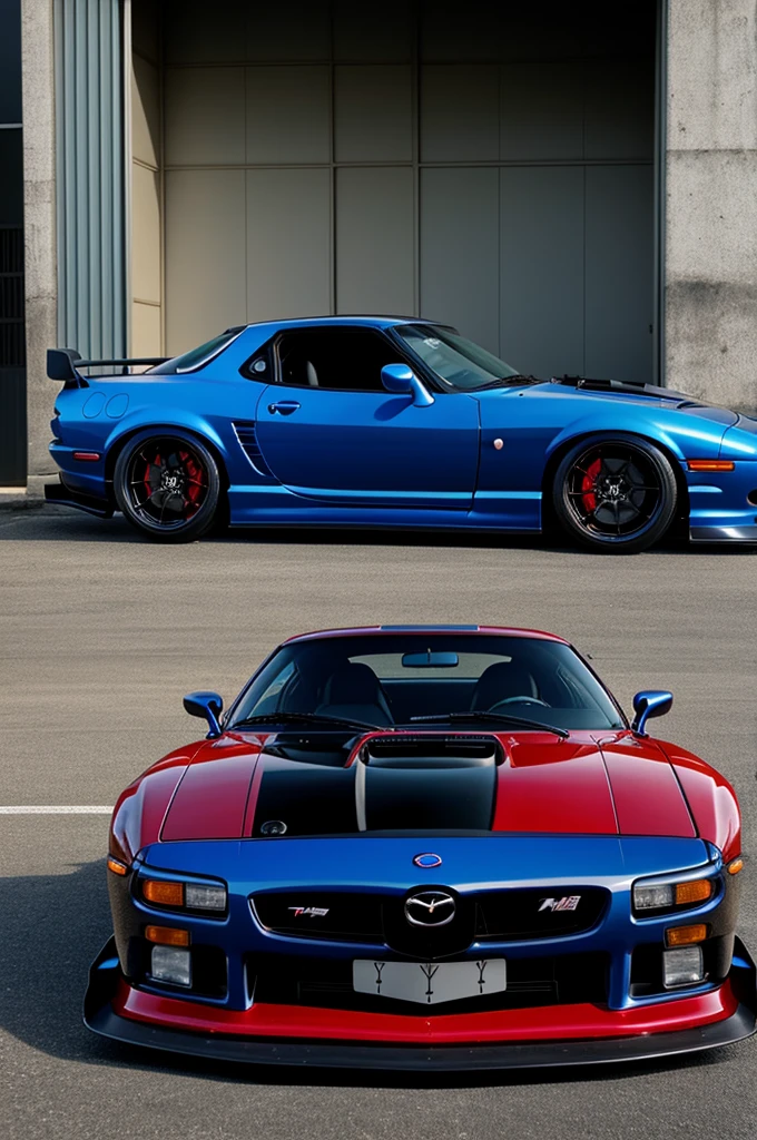 highest quality, Anime Style, Tuning car, men Japanese car, jam, Mazda, RX7, Blue and black and red car