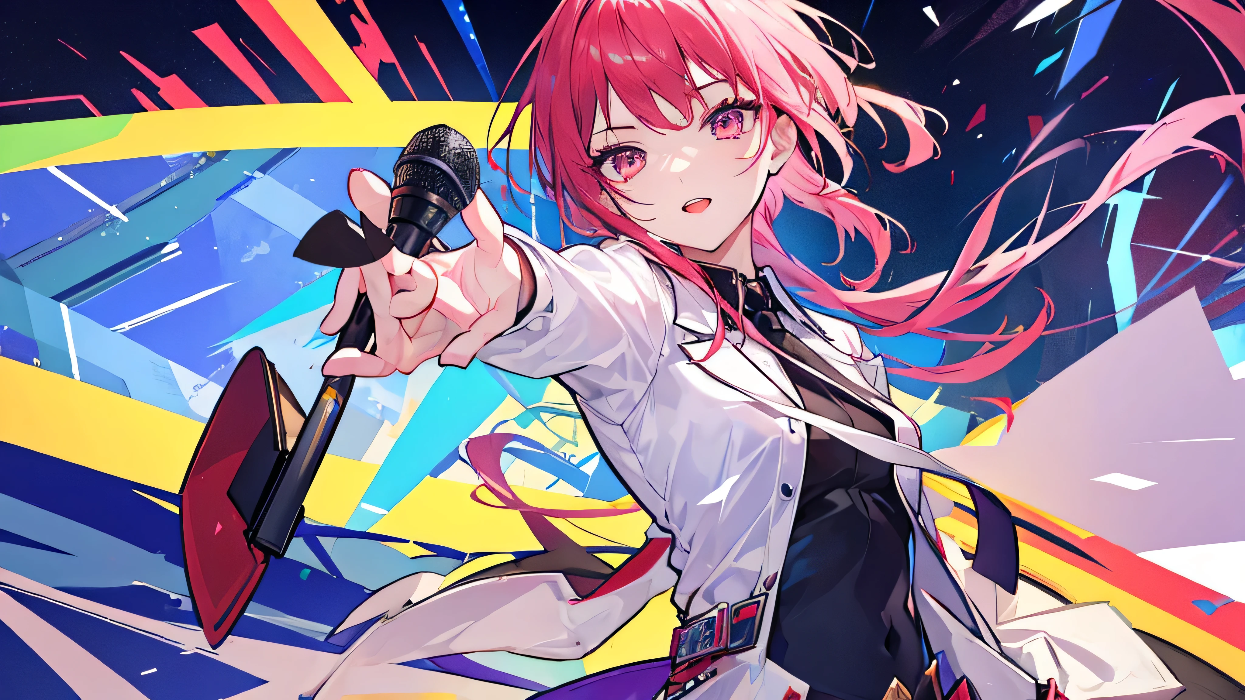  top quality , Super fine, 16k, 2.5D, whole, long boots, black shorts 、red系のロングドレス, Delicate and Dynamic Depiction ,Mars,Floating in the sky,Rock singer,red, pink short hair-,Play sacred sounds with beautiful game characters' singing voices,  Transparent, translucent, and rainbow-colored barriers break , Game Production Effects , A mysterious background where forest and city coexist,  fantasy world ,  Lens Filters 