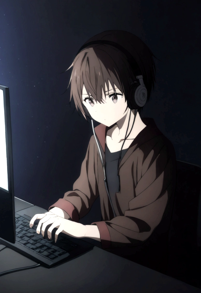 a character with dark brown hair wearing a black shirt in a dark room playing on the pc and using headphones