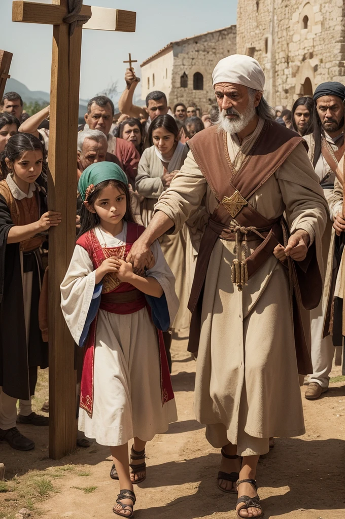 Helping with the Cross: Simão Cireneu can be included in the background, remembering the act of helping carry the cross.