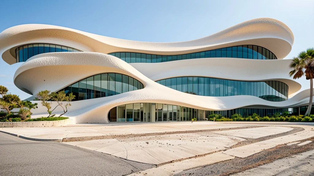 raw-photo, (biomorphic museum building seen from outside), ((front elevation)), (limestone), Curvilinear, curved edges, Mediterranean sea environment, white sky, (diffuse light:1.3) (white sand), minimal style, dirty particles, architectural photography, hyperrealisti, super verbose, 8K, Nikon Z6 mirrorless camera, Film grain