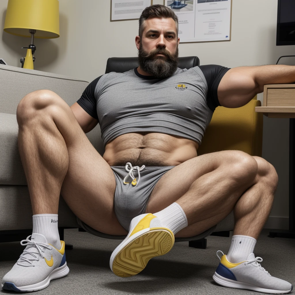 Very Realistic High Best Quality, real detailed, real sexy handsome muscle bear dilf, real very hairy bearded, unkempt, real hairy arms and legs, real gray fur, real dilf trainer, real sneakers, real white socks, real calves, real office environment, real office desk, relaxing, real sofa, real pubis, real bulge, real daddy, very real hairy, real thick beard, real big White daddy bear man, real Proportionate body, real best legs, real neck lines, real detailed neck, real detailed face, real detailed eyes, real detailed lips, real detailed arms, real detailed legs, real detailed knees, real detailed stomach, real detailed chest, real detailed body hair, real detailed fingers, real detailed elbows, real detailed shoulders, real detailed shirt, real detailed shorts, real detailed body, real detailed hair, real detailed beard, real detailed mustache, real woolly fur, real Haircut, real football coach, real whole body, real best shoes, real high quality, real detailed sneakers, real venous , real small town dad, real professional dilf, pervert trainer, yellow team colors, team colors, very realistic surroundings