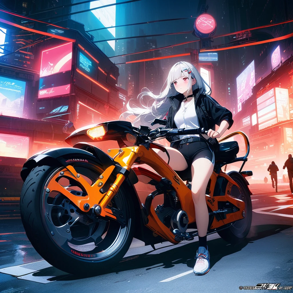 Official Art, 1girl, Unity 8K wallpaper, Extremely detailed, beautiful and aesthetic, masterpiece, best quality, Practical, trumpet, blush, Long hair, White hair, Striped hair, Red Eyes, Hairpin, Moles under the eyes,  Red autumn bicycle, Cycling, night, Cyberpunk Cityscape, Epic screen, delicate.