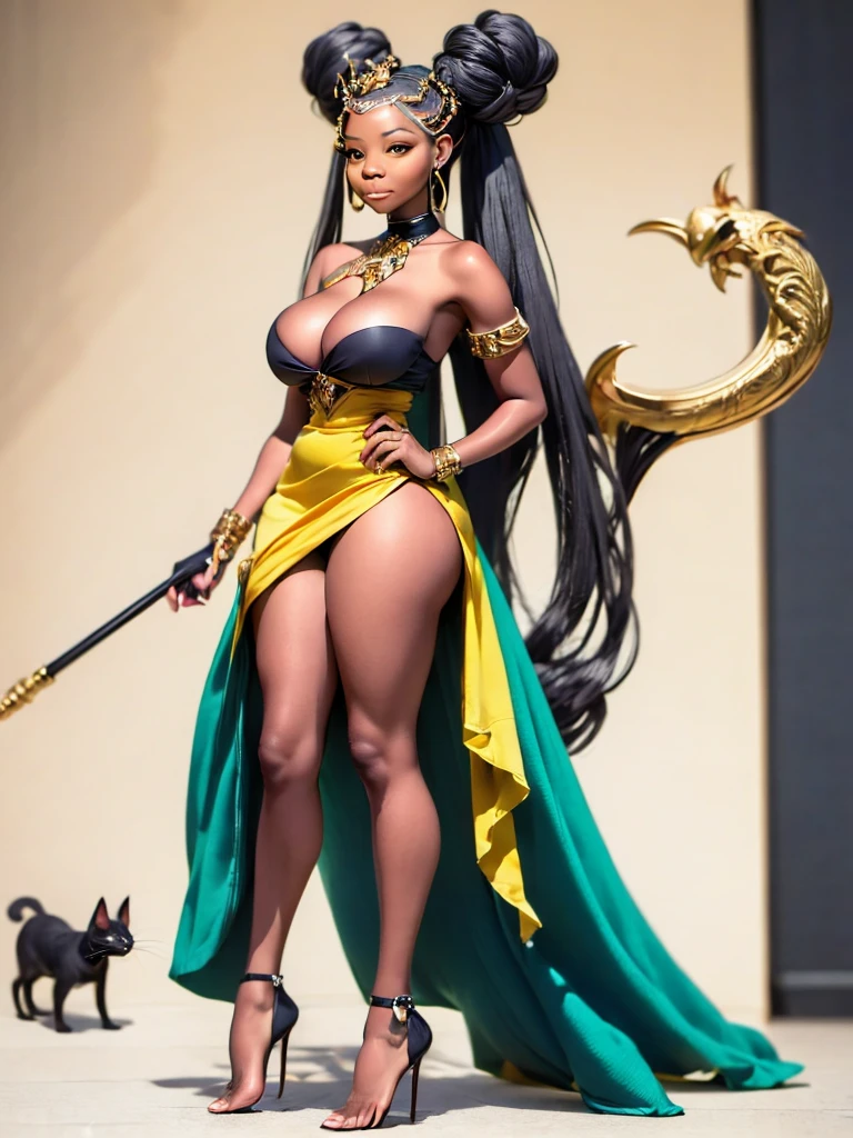 anubon goddess with a staff and a cat in her hands, concept art inspired by Petros Afshar, trending on cgsociety, afrofuturism, the god anubis, mystical anubis valkyrie, storm egyptian god, dark skin female goddess of love, anubis, angry god anubis, hecate goddess, goddess of death, lolth, hecate