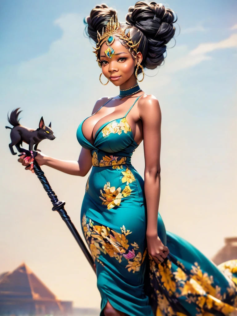 anubon goddess with a staff and a cat in her hands, concept art inspired by Petros Afshar, trending on cgsociety, afrofuturism, the god anubis, mystical anubis valkyrie, storm egyptian god, dark skin female goddess of love, anubis, angry god anubis, hecate goddess, goddess of death, lolth, hecate