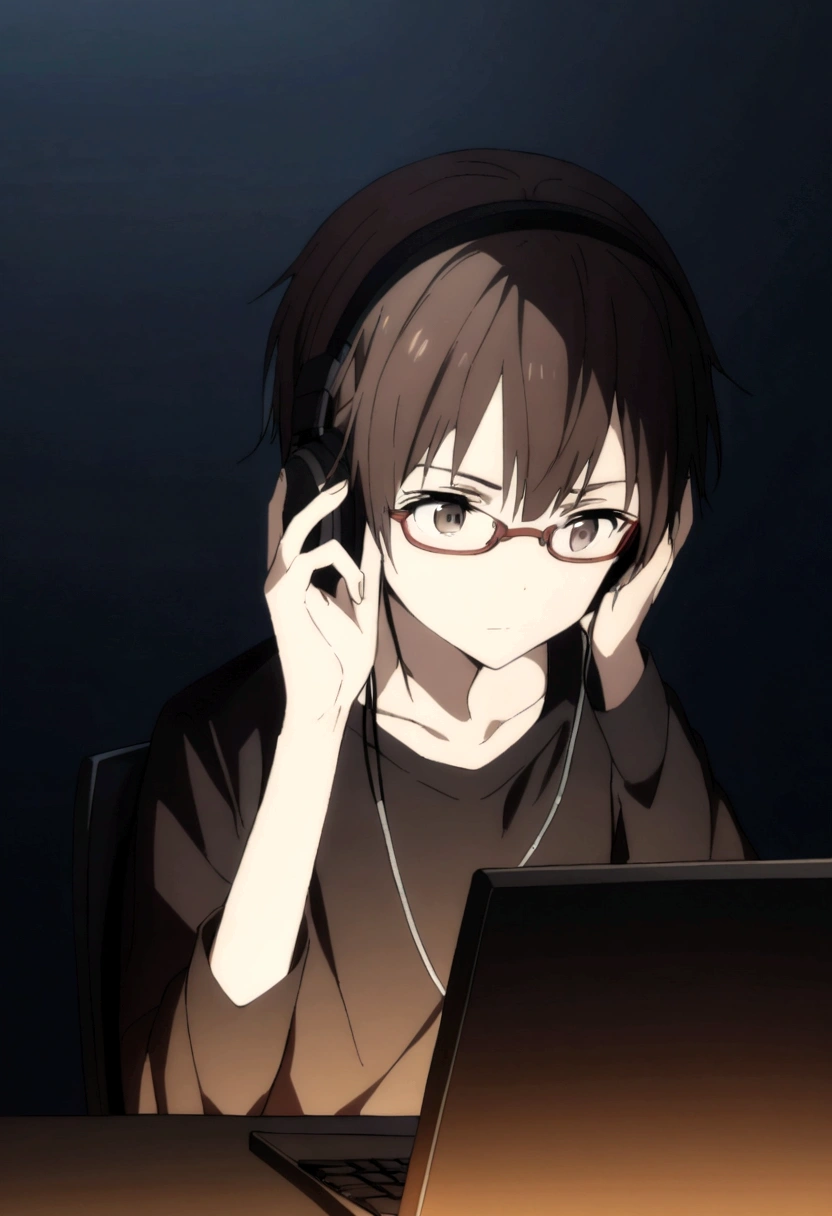 a character with dark brown hair and wearing glasses and wearing a black shirt in a dark room playing on the computer and using headphones