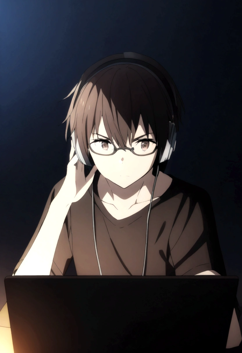 a character with dark brown hair and wearing glasses and wearing a black shirt in a dark room playing on the computer and using headphones