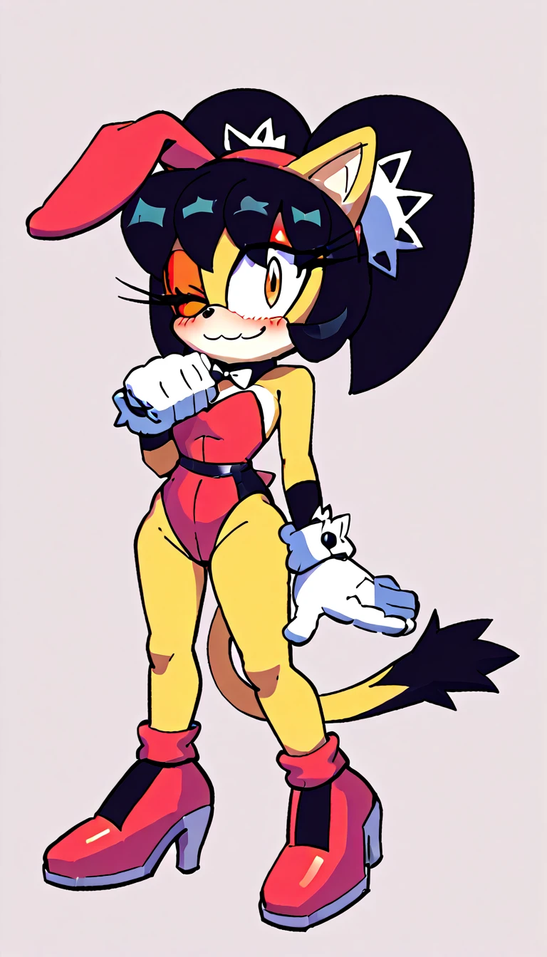 score_9, score_8_up, score_7_up, score_6_up, masterpiece, best quality, honey the cat, 1girl, solo, looking at viewer, smile, simple background, gloves, bare shoulders, closed mouth, full body, one eye closed, white gloves, high heels, leotard, bare legs, strapless, red makeup, highleg, playboy bunny, happy, red footwear, white bowtie, furry, highleg leotard, eyeshadow, strapless leotard, orange eyes, furry female, sonic the hedgehog \(series\), black pantyhose, shy, nervous, blush