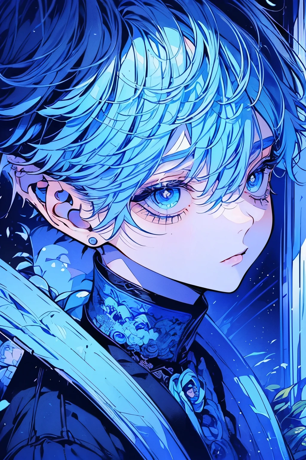(Mastepiece), (Best Quality), Very detailed, 1 boy, Solo Shooting, Perfect Face, Beautiful Face, Very detailedな顔,(Light blue hair:1.3),(short hair:1.4)、(Big eyes:1.4),(Long eyelashes:1.4)、(Light blue eyes:1.3)、Black clothes、Lots of flowers、petal