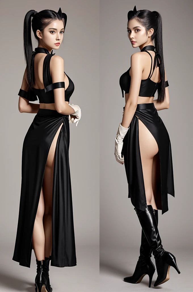 A girl with a slender figure,Golden eyes,Silver knee-length hair,Use a black hairpin to create a half ponytail,There are sword-shaped black horns on both sides of the head。Skin color ceramic white,,B cup,But the pelvis and hips are quite present,Wearing long gloves,High heel boots,Bare Legs,Wearing a black and gold-patterned high-cut short robe,Ankle-length back hem,The front swing only reaches the hip bone,Show your shoulders,Armpits and half of the chest。Vacuum under skirt。