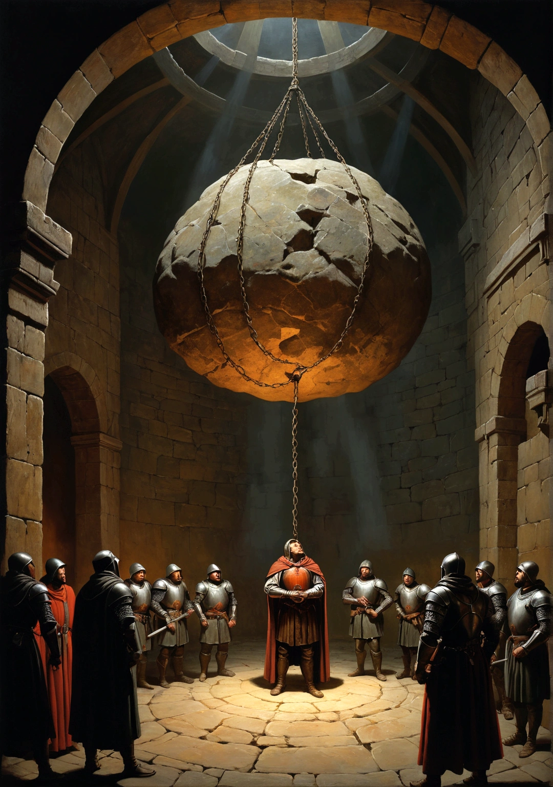 "prompt": "A painting depicting a large stone, about 1.5 meters in diameter, suspended approximately 1.3 meters above a bound man's head. The scene is tense, with the stone seemingly poised to fall. The man looks up in fear and desperation. The dimly lit medieval cell and the presence of stern guards and authorities add to the atmosphere of impending doom.",
"size": "1024x1024"
