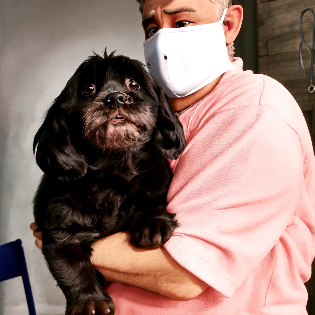 A little dog with black fur, floppy ears on the lap of a man with a mask, disney pixar style, high qualiy, best qualityer.