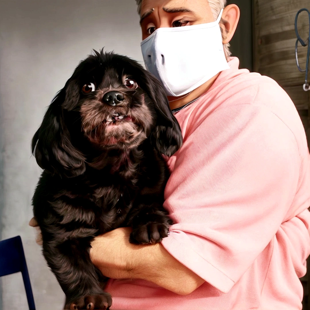 A little dog with black fur, floppy ears on the lap of a man with a mask, disney pixar style, high qualiy, best qualityer.