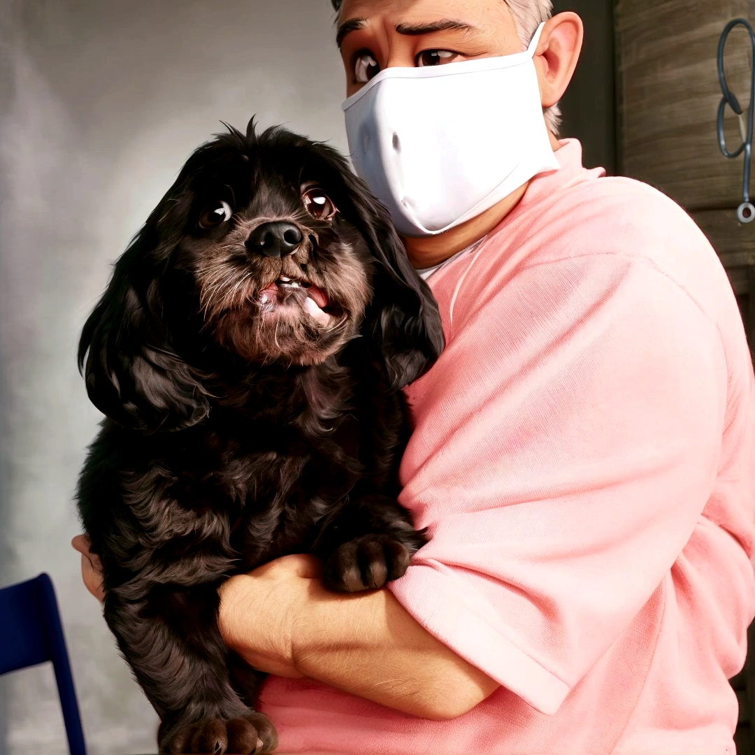 A little dog with black fur, floppy ears on the lap of a man with a mask, disney pixar style, high qualiy, best qualityer.