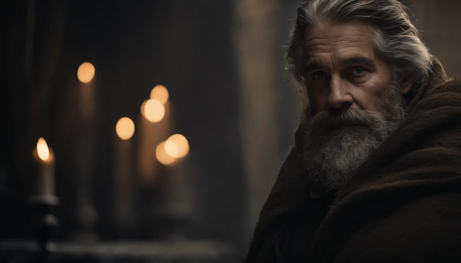 Photo, Evil old hermit, medieval, drilling_deep_eyes, wrinkled face, Dark_Sewing_cloak, (dramatic lighting:1.25), (dark background:1.2), (dirty_ unkempt_gray_Hair:1.2), (long_woolly_barba:1.3), (faded colors:1.1) , (sharp focus:1.1), (darkness:1.2), (HDR sutil:1.3), (realistic skin texture:1.25), (detailed Hair:1.2), (sandy texture:1.1), (cinematic look:1.2) , (power pose:1.3), (blush:0.5), (Goosebumps: 0.5), subsoil dispersal, detailed_gray_eyes