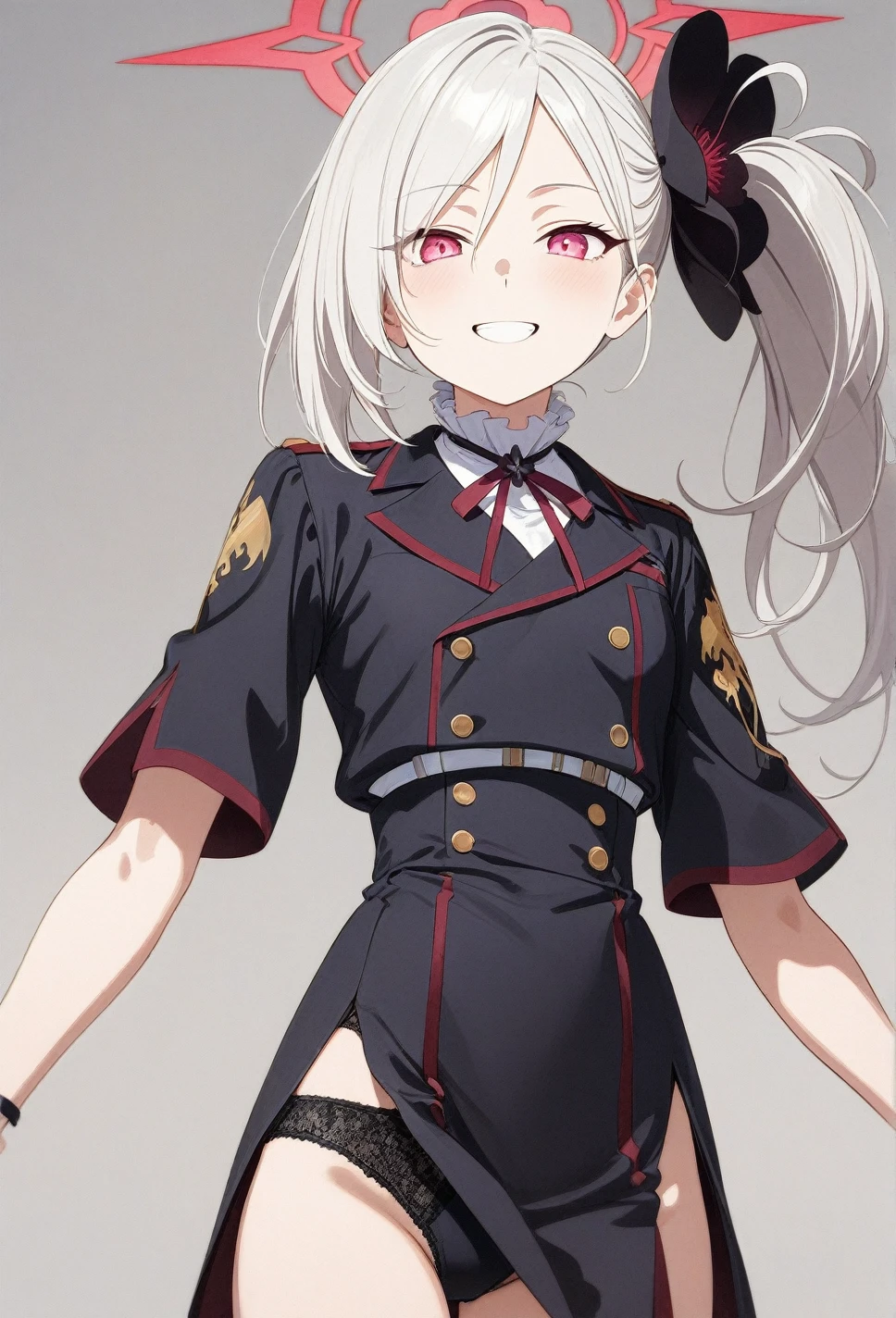 best quality, amazing quality, very aesthetic, absurdres, (1girl, mutsuki, blue archive, solo, red eyes, white hair, side ponytail), (artist official art:1.5), (realistic face:0.2), (grin, lace-trimmed panties), (cowboy shot), (glowing eyes:1.3), (half closed eyes:0.9), (thigh), expressive eyes, perfect face, 4k, extremely detailed anime illustration, extremely detailed eyes, enhanced details, perfect anatomy, light rays, smooth skin, (gray background:1.5), clear eyes, beautiful face, small breasts, (Chiaroscuro:1.5), (highres:2), cinematic
