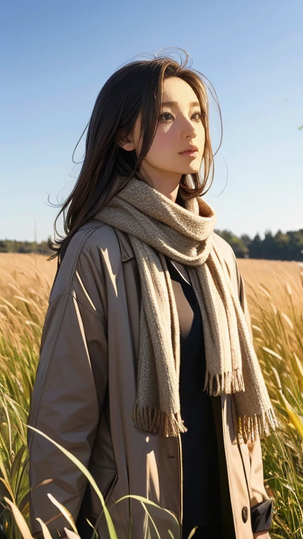 8K, Highest quality, masterpiece, Realistic, Super detailed, photo Realistic, Improvement of quality, Photo of a girl standing in a field wearing a scarf, The designer&#39;s dark and gloomy style, Large chunk, Photobash, Calm face, Jagged Edges, navy, Natural Beauty, Close-up shot