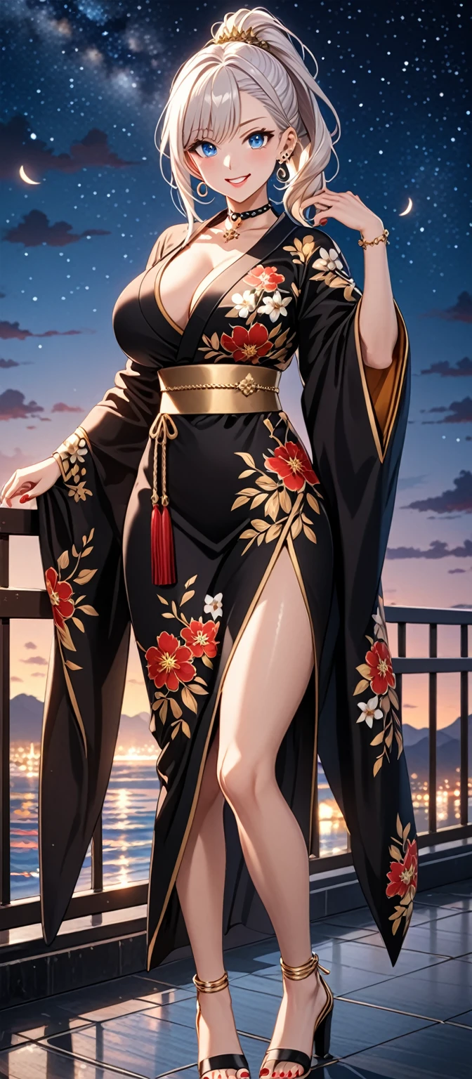 ((One personの女性)), Beautiful Face, (Laugh shyly), (Captivating smile:1.4), ((Wink:1.5)), ((Tilt your head:1.1)), Laugh with your mouth wide open, Upper teeth, View your viewers, ((Doing sexy poses)), ((full-face brash:1.4)), Glossy Red Lips, ((Big Breasts:1.3)), Night Port, Sea view terrace, firework, Glossy Red Lips, (Shining Face), ((Anime style background)),masterpiece, Highest quality, so beautiful,Latest, Complex details, (long nails of red color), (nail art), (ring),(bracelet),(Floral Choker), AI-generated, Complex,High resolution, Highest quality, super high quality,3D Images、3D Images,One person,Long white hair,High Ponytail, Anime woman posing for a photo, ((Silver Eyes:1.7)), ((Fine grain、Light blue eyes、Shining Eyes:1.4)), (Squint your eyes:1.1),a hyperRealistic , hyperRealistic , Realistic,Long white hairのアニメ女性, Smooth anime CG art, (A woman in a colorful kimono with gold embroidery), ((Black kimono:1.5)), Red floral pattern,Long flower hair ornament,Floral Earrings,((black high heel sandals)),Mature Body,Tall,Abdominal muscles,Tight waist, ((full body:1.5)), (Zoom in on face), (dutch angle:1.3),