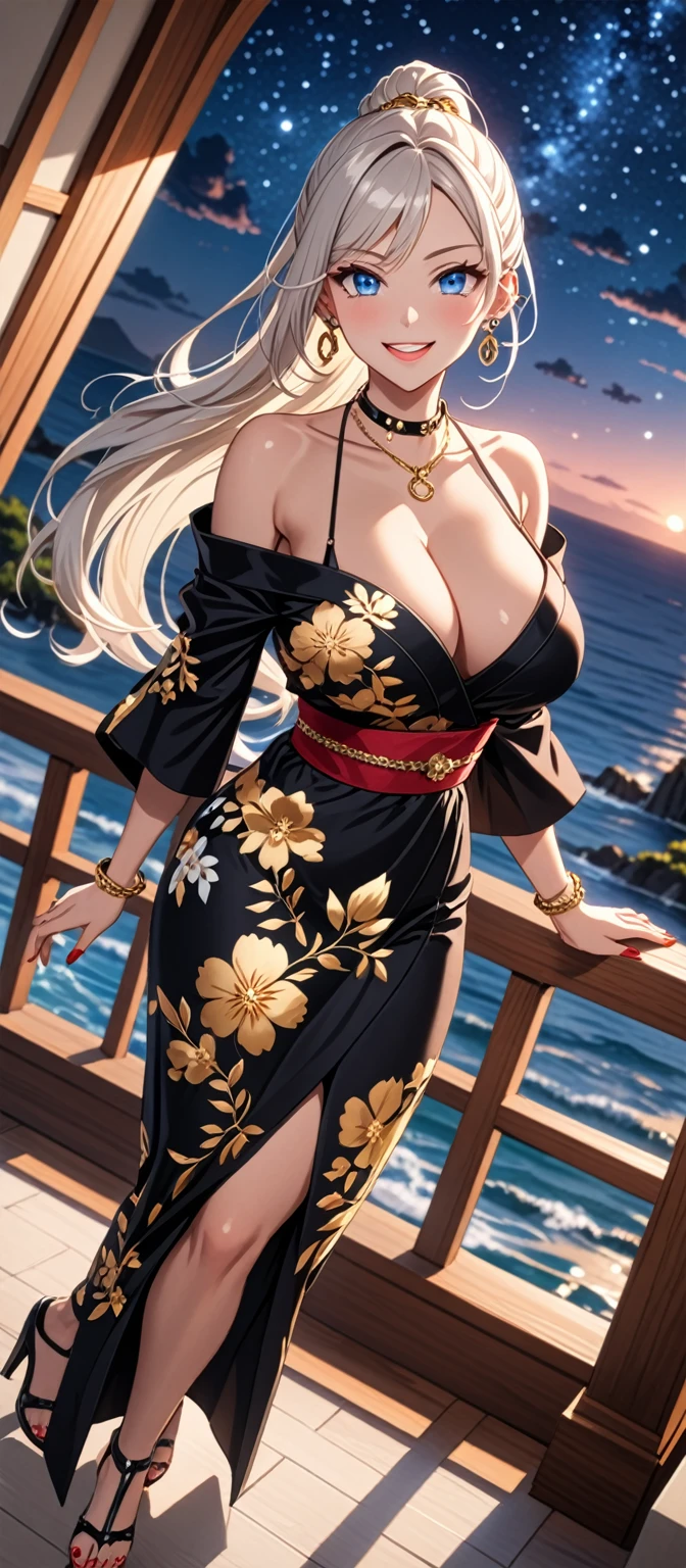 ((One personの女性)), Beautiful Face, (Laugh shyly), (Captivating smile:1.4), ((Wink:1.5)), ((Tilt your head:1.1)), Laugh with your mouth wide open, Upper teeth, View your viewers, ((Doing y poses)), ((full-face brash:1.4)), Glossy Red Lips, ((Big3)), night,Sea view terrace, Starry Sky, Glossy pink lips, (Shining Face), ((Anime style background)),masterpiece, Highest quality, so beautiful,Latest, Complex details, (Red colored long nails), (nail art), (ring),(bracelet),(Floral Choker), (gold helix piercing:1.7), AI-generated, Complex,High resolution, Highest quality, super high quality,3D Images、3D Images,One person,Long white hair,High Ponytail, Anime woman posing for a photo, ((Silver Eyes:1.7)), ((fine grain、Bright Blue Eyes、Shining Eyes:1.4)), (Squint your eyes:1.1),a hyperRealistic , hyperRealistic , Realistic,Long white hairのアニメ女性, Smooth anime CG art, (A woman in a colorful kimono with gold embroidery), ((Black kimono:1.5)), Red floral pattern,Long flower hair ornament,Floral Earrings,((Black High Heel Sandals)),Mature Body,Taominal muscles,Tight waist, ((full body:1.5)), (Zoom in on face), (dutch angle:1.3),