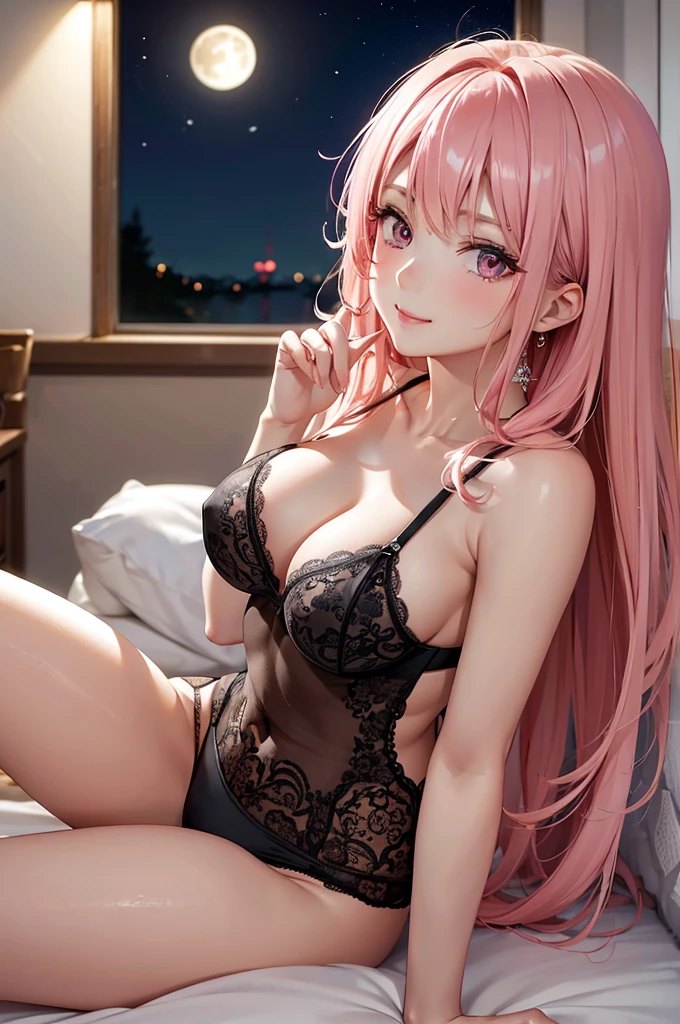 (Best Quality,High resolution,8K,finelity detailed background,Masterpiece:1.2),beautiful girl,Shiny pink hair,messy hair,Pink eyes,Gentle look,A refreshing and gentle smile,Best quality,Best Quality,Aesthetic and aesthetic:1.2,Best details((Super detailed))(High-definition CG illustrations),Glamorous black underwear (gray,intricate lace),Slender body,night,night景,moon,Bedroom,On the bed,smile,blush,cute,Scrounge,Looking up,Being spoiled,super model