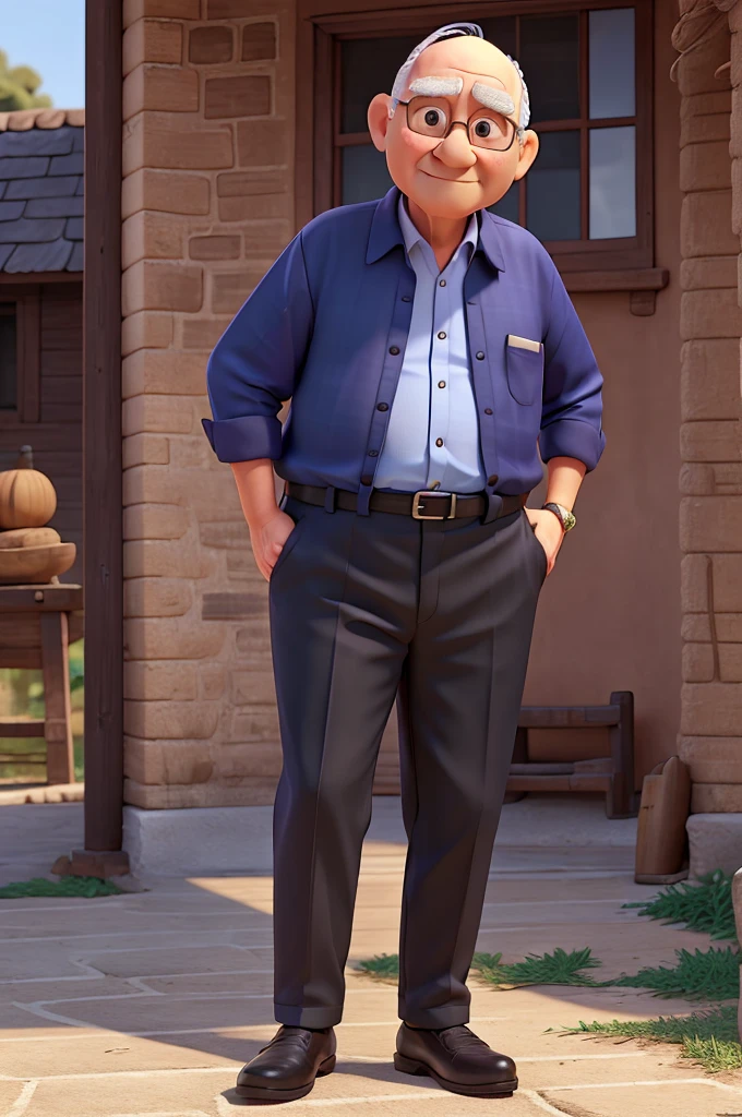 senior citizen, baldie, plumpness, with navy blue dress shirt and black pants, in a village with Indians 