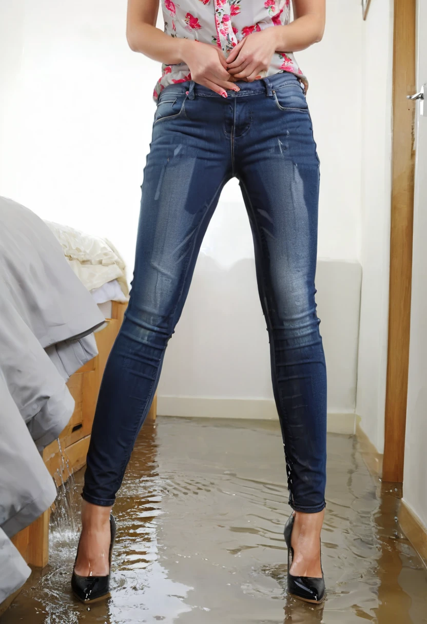 two attractive blonde woman, skinny jeans, high heel pumps, work blouse, standing in a bedroom, wetting, big smile, pee stains are gleaming wet, pee run down legs, shoes flooded with pee, show heels, (((head in frame:1.4))), lower legs of jeans soaking wet, a stream of pee flows between their legs