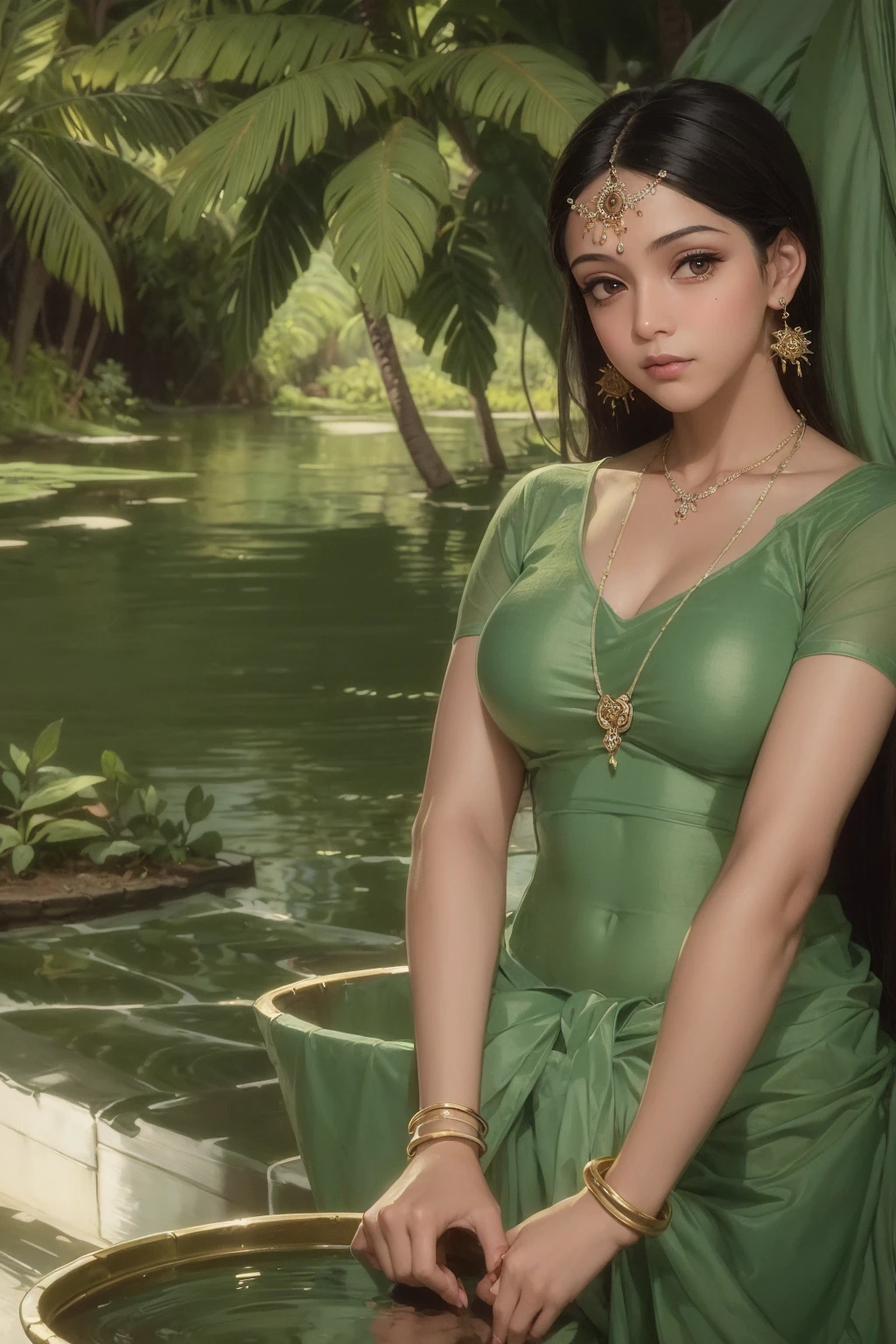 painting of a woman in a sari with a pot of water, traditional beauty, indian goddess, inspired by Raja Ravi Varma, inspired by T. K. Padmini, with kerala motifs, painting of beautiful, beautiful goddess, by Raja Ravi Varma, indian, hindu art, gorgeous woman, kerala motifs, traditional art, lovely woman, very beautiful woman