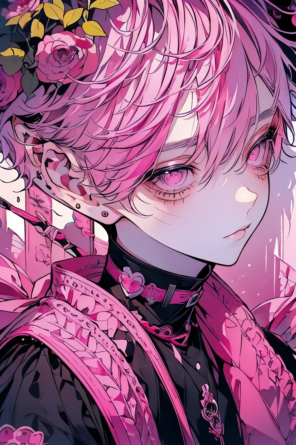 (Mastepiece), (Best Quality), Very detailed, 1 boy, Solo Shooting, Perfect Face, Beautiful Face, Very detailedな顔,(Pink Hair:1.3),(short hair:1.4)、(Big eyes:1.4),(Long eyelashes:1.4)、(Pink Eyes:1.3)、Black clothes、Lots of flowers、petal