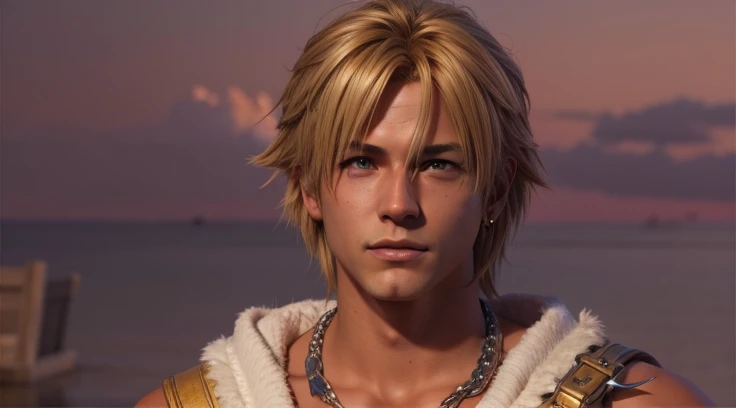 Tidus, Final Fantasy X, blond, adult, realistic lighting, HD, highly detailed, full body