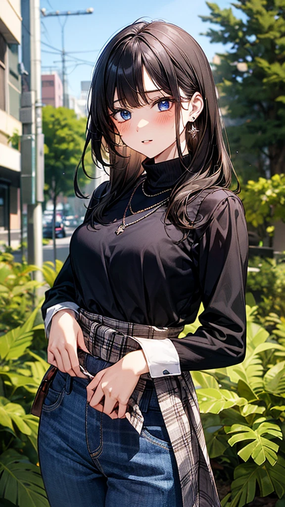 1girl, solo, long hair, breasts, looking at viewer, blush, bangs, blue eyes, shirt, black hair, long sleeves, jewelry, medium breasts,plaid blouse, closed mouth, standing, cowboy shot, earrings, outdoors, parted lips, day, belt, pants, tree, lips, plaid, turtleneck, black pants, plant, jeans, tucked-in shirt, brown belt, horseshoe necklace