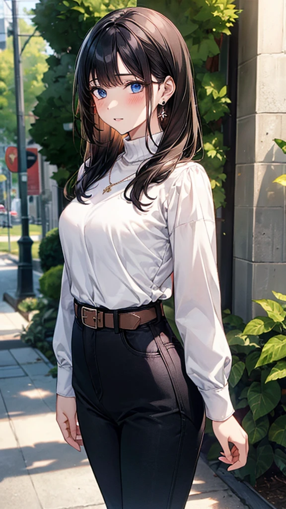 1girl, solo, long hair, breasts, looking at viewer, blush, bangs, blue eyes, shirt, black hair, long sleeves, jewelry, medium breasts,plaid blouse, closed mouth, standing, cowboy shot, earrings, outdoors, parted lips, day, belt, pants, tree, lips, plaid, turtleneck, black pants, plant, jeans, tucked-in shirt, brown belt, horseshoe necklace