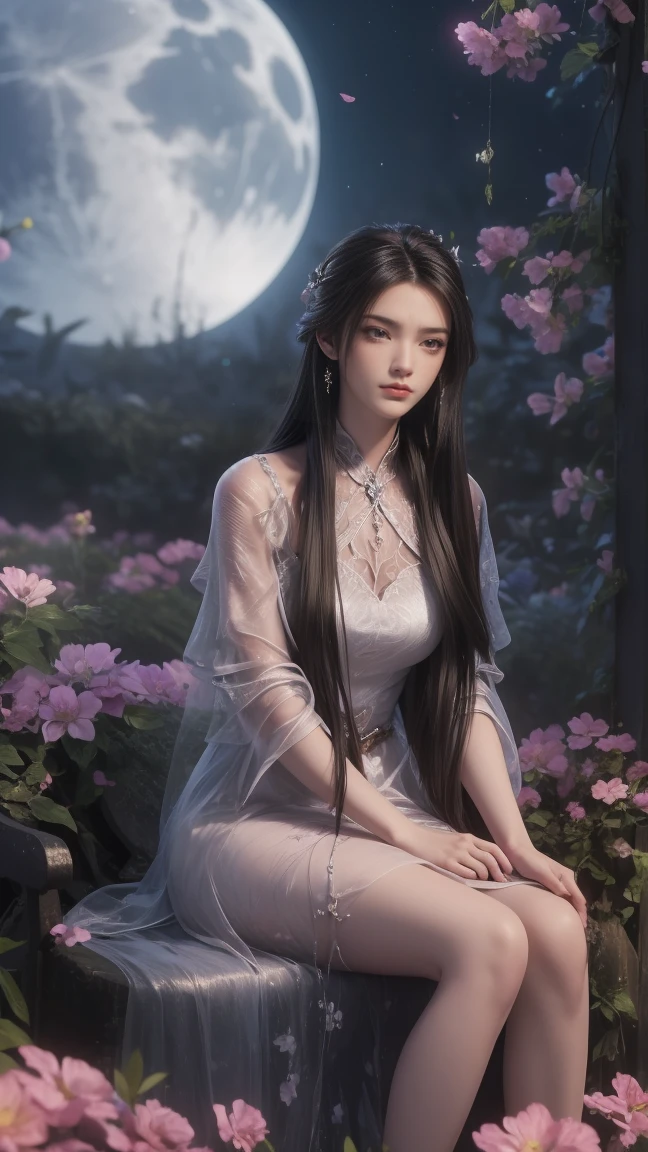 1girl, girl with long black hair, smiling, cheerful, girl is sitting among a wide expanse of flowers, surrounded by beautiful flowers, Calm and peaceful atmosphere, night, moonlight , Beautiful glowing butterflies surround the girl lighting up the darkness of the night, magic,Romantic, the night breeze blows the Sepoi Sepoi girl's hair, 