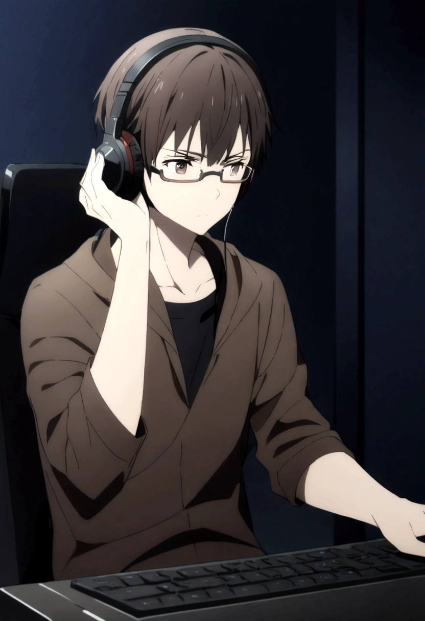 a character with dark brown hair and wearing glasses and wearing a black shirt in a dark room playing on the computer and using headphones