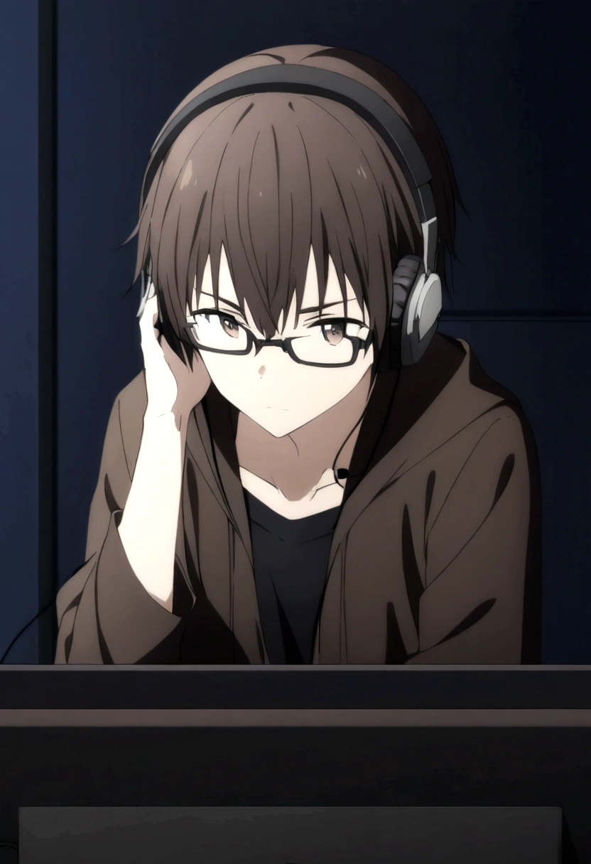 a character with dark brown hair and wearing glasses and wearing a black shirt in a dark room playing on the computer and using headphones