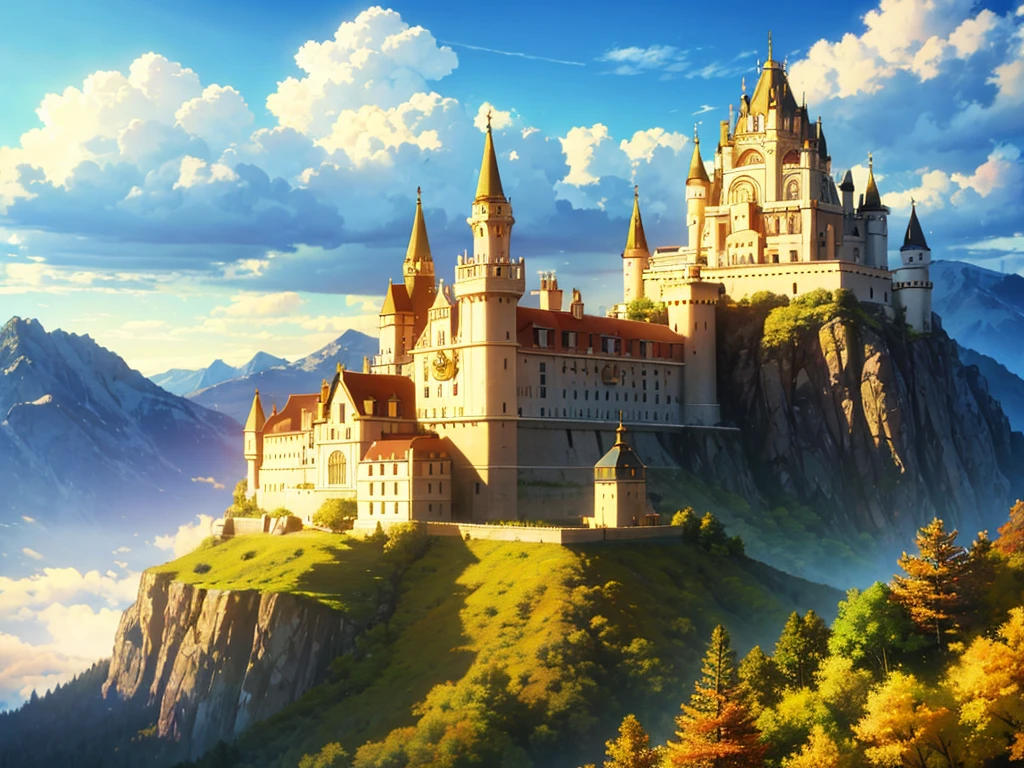 golden castle on mountain, sky ,sunny day,sunlight,mountains,clouds