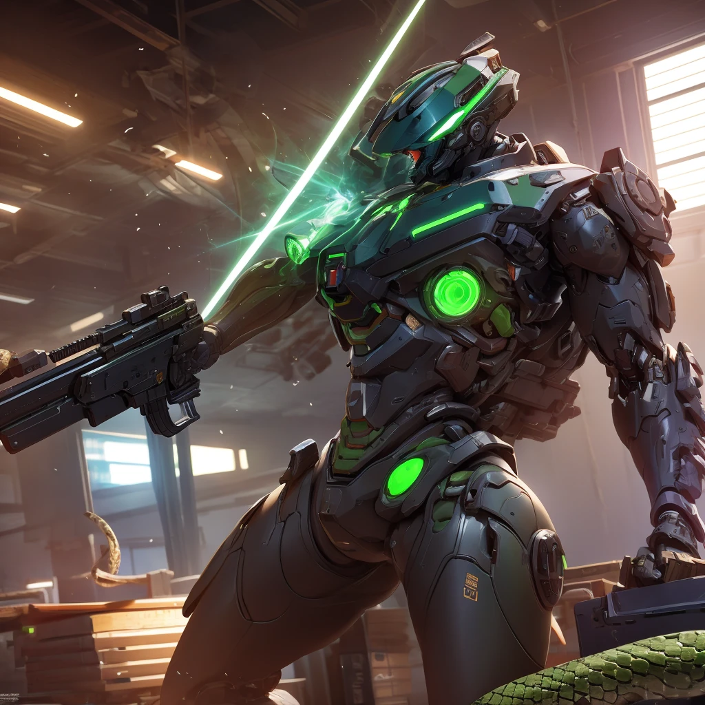 Biological mech holding a shotgun. He carried a sawed-off shotgun and a heavy-caliber pistol.. The twig-like thrusters on its back.(A more rounded and smooth body shape. Green shield made from a snake: 1.5).  extremely detaild, 4k UHD, HDR, naturallight, cinematic lighting, masterpiece-anatomy-perfect, ultra hd, Space Combat, battlefield, raw photo, metallic, professional, ultra-fine painting, perfect body proportions, anatomically correct, real texture material, Anti-aliasing, THAI, SSAO, Post processing, Post Production, Tone Mapping, cgi, VFX, SFX, Hyper maximalist, volumetric, ultra photorealultra-detailed intricate details.