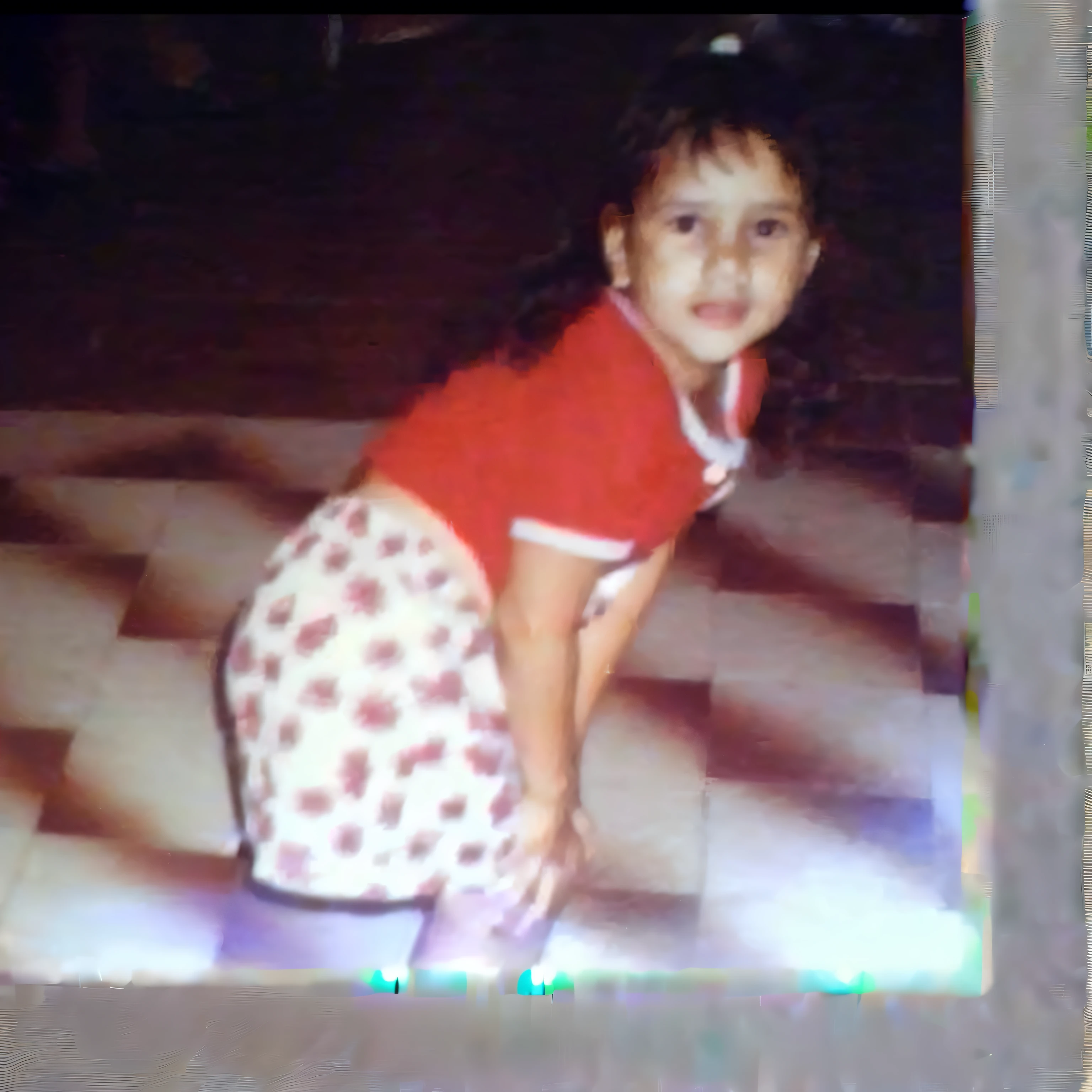 there is a Youngh girl standing on a skateboard on a tiled floor, Four old, old photograph, about 3 5 years old, 2 years old, about 19 years old, very low quality image, selena quintanilla perez, Youngh!!!, childhood friend, antique photo, foto perfil, 4 anos, digitized, childhood memory, awwwwww