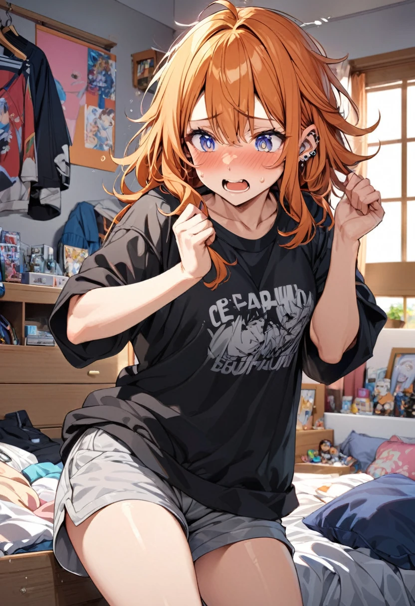 20 year old female, long orange hair, messy hair, perfect eyes, perfect silver irises, perfect pupils, thick thighs, baggy black shirt, shorts, comfy clothes, many piercings on ears and nose, messy bedroom, otaku bedroom, flustered, tripping, highly detailed, best detail, best hands