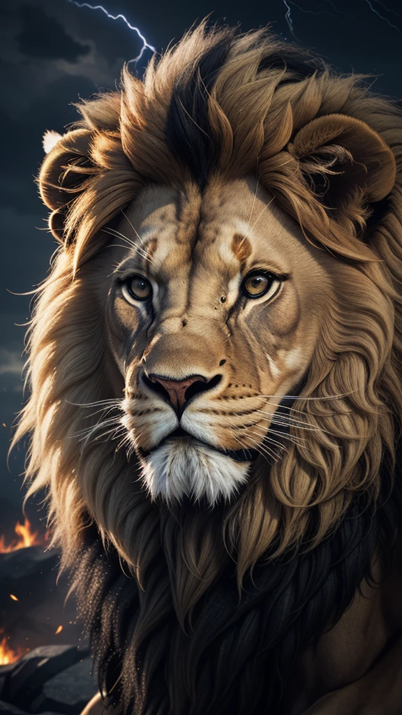 Lion, Divine Lion, majestic, comely, fire, villany,  thunder, Sky thunder, stele, photorrealistic 6K, UltraHD Detailed, detailed colors 8K, Lion Elegante, floor, stele, lightning strikes, heavens, céu Godlike, tempest, Towards the heavens, Detailed Realistic Lion, Photorealistic Lion, golden lion, 16K UltraHD, heavenly, Godlike, photorrealistic, Rendering, 4K, 8K, detailed textures, detailed shadows, padoru, detailed colors, God&#39;s Heaven, UltraHD 16K Details, 16k texturas photorrealistics, detailed sharpness 16K, detailed sharpness, detailed colors, realistic shadows, Ultra realistic textures, high power, Natural Beauty, natural colors, realistic contrast, Texturas photorrealistics, detailed colors, lifelike colors, detailed shadows, luminous face, villany, Detailed face 4k, ultra detaild, contraste realista de 8K, detailed sharpness, cores Ultra HD, chic,