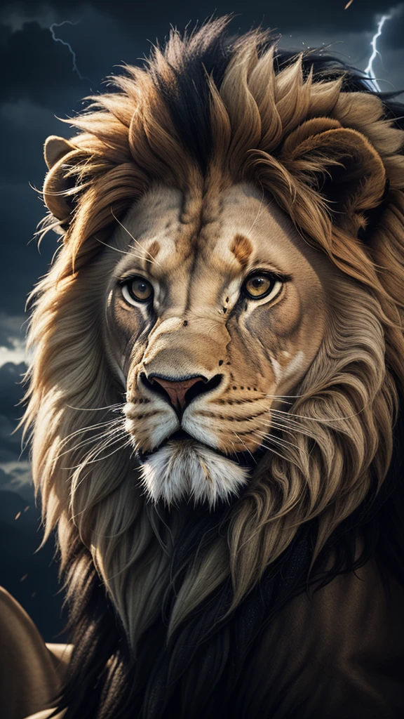 Lion, Divine Lion, majestic, comely, fire, villany, thunder, Sky thunder, stele, photorrealistic 6K, UltraHD Detailed, detailed colors 8K, Lion Elegante, floor, stele, lightning strikes, heavens, céu Godlike, tempest, Towards the heavens, Detailed Realistic Lion, Photorealistic Lion, golden lion, 16K UltraHD, heavenly, Godlike, photorrealistic, Rendering, 4K, 8K, detailed textures, detailed shadows, padoru, detailed colors, God's Heaven, UltraHD 16K Details, 16k texturas photorrealistics, detailed sharpness 16K, detailed sharpness, detailed colors, realistic shadows, Ultra realistic textures, high power, Natural Beauty, natural colors, realistic contrast, Texturas photorrealistics, detailed colors, lifelike colors, detailed shadows, luminous face, villany, Detailed face 4k, ultra detaild, contraste realista de 8K, detailed sharpness, cores Ultra HD, chic,