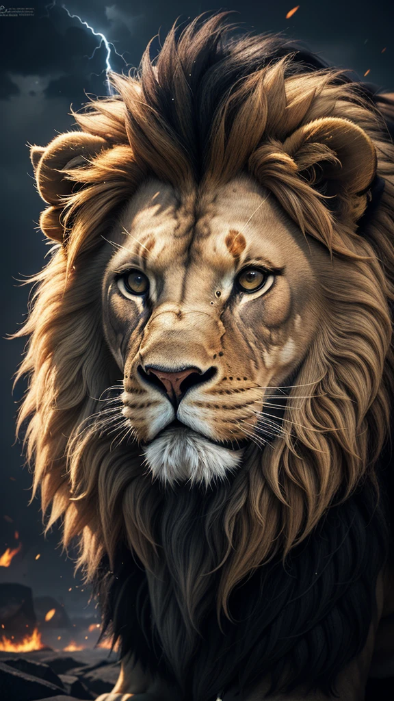 Lion, Divine Lion, majestic, comely, fire, villany,  thunder, Sky thunder, stele, photorrealistic 6K, UltraHD Detailed, detailed colors 8K, Lion Elegante, floor, stele, lightning strikes, heavens, céu Godlike, tempest, Towards the heavens, Detailed Realistic Lion, Photorealistic Lion, golden lion, 16K UltraHD, heavenly, Godlike, photorrealistic, Rendering, 4K, 8K, detailed textures, detailed shadows, padoru, detailed colors, God&#39;s Heaven, UltraHD 16K Details, 16k texturas photorrealistics, detailed sharpness 16K, detailed sharpness, detailed colors, realistic shadows, Ultra realistic textures, high power, Natural Beauty, natural colors, realistic contrast, Texturas photorrealistics, detailed colors, lifelike colors, detailed shadows, luminous face, villany, Detailed face 4k, ultra detaild, contraste realista de 8K, detailed sharpness, cores Ultra HD, chic,