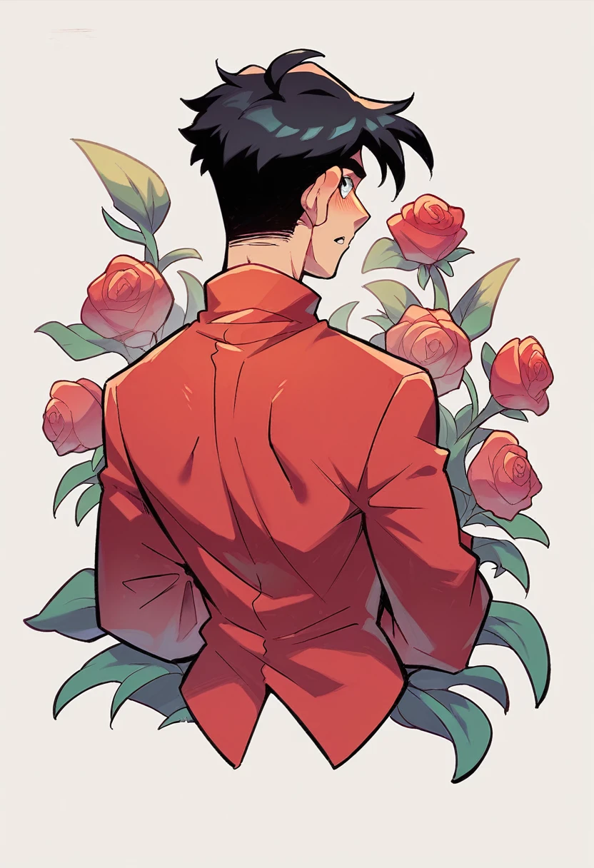 30th Generation,male,Black Hair,all back,Red clothes,Have a rose,A swaggering look