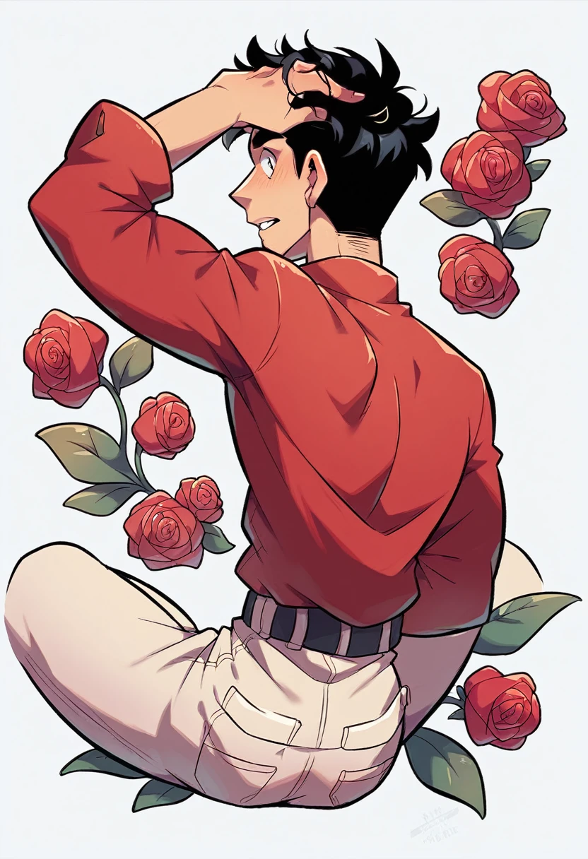 30th Generation,male,Black Hair,all back,Red clothes,Have a rose,A swaggering look