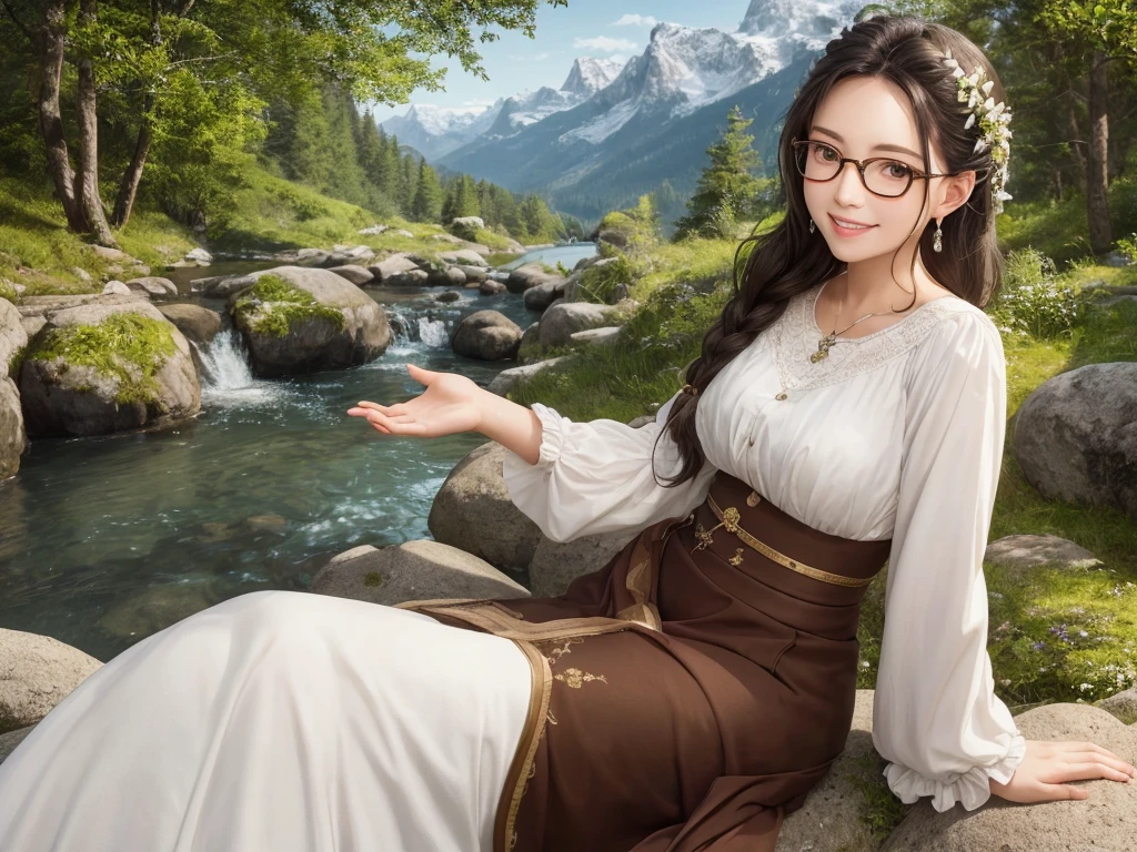 Cute Woman sitting on rock 、Beautiful forest, high mountains of the Alps, one bird 、Realistic, Masterpiece, Cinematic, Gorgeous national costume, detailed beautiful eyes, a smile that reveals a hint of white teeth, Braid, Glasses, Gorgeous earrings,