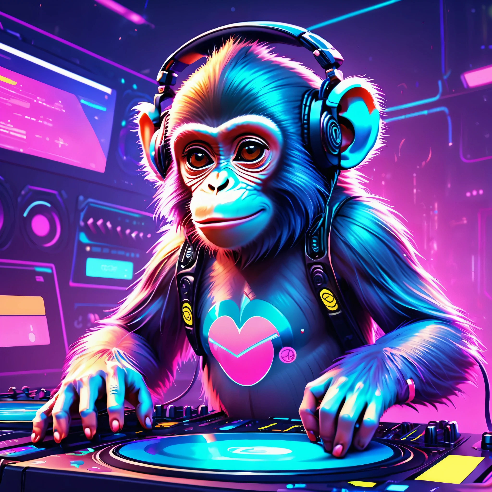 8K,Best quality, masterpiece, ultra-high res, (photorealistic:1.4), a cute monkey DJ, club lighting, cyber punk cute style, pastel triadic colors, club detailed background