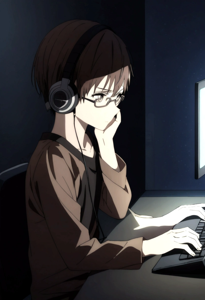 a character with dark brown hair and wearing glasses and wearing a black shirt in a dark room playing on the computer and using headphones