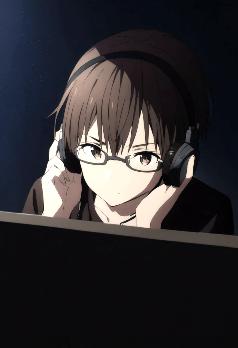 a character with dark brown hair and wearing glasses and wearing a black shirt in a dark room playing on the computer and using headphones